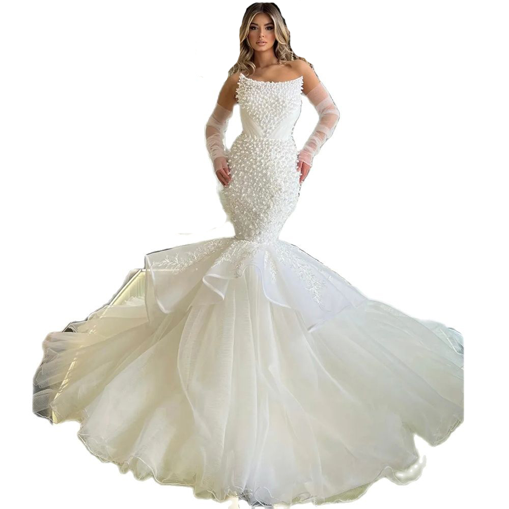 Beaded Strapless Pearls Mermaid Wedding Dress 2023 Sequin Tiere Bridal Gown Mesh Long Sleeve Trumpet Arabic Dubai Robe De Mariee