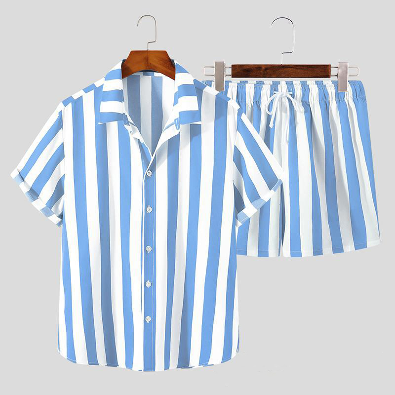 Mens Tracksuits Stripe Printed Hawaiian Set Button Short Sleeve Shirt and Beach Shorts Casual Street 2Piece S3XL Summer 230718