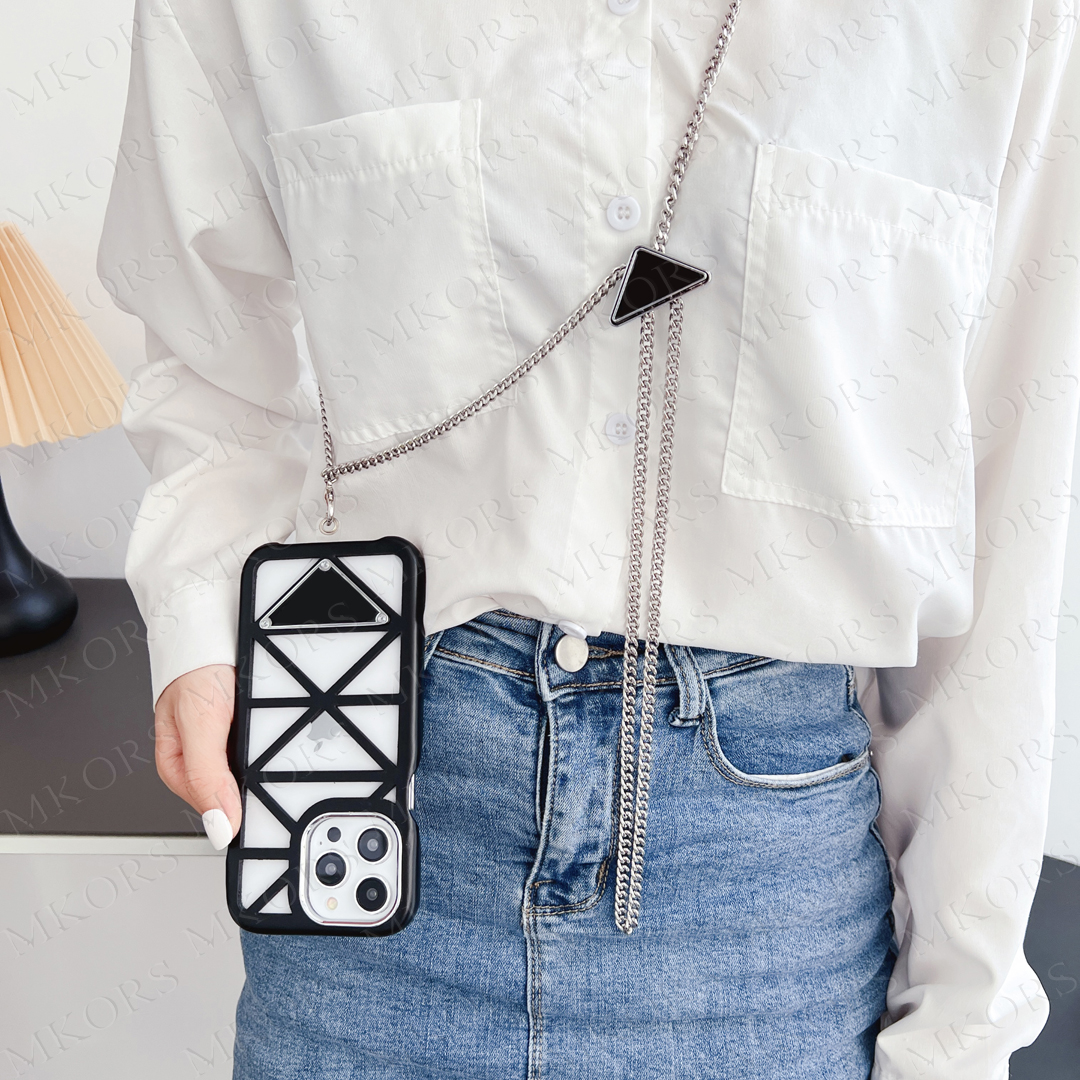 Classic Triangle Designer Phone Case for iPhone 14 13 12 Pro Max Summber Cooling Hollowed Back Fashion Shockproof Cover with Neck Shoulder Portable Ch