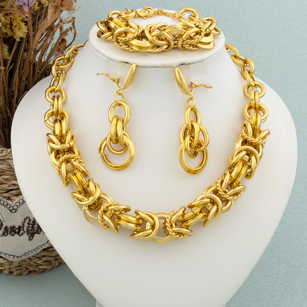 Wedding Jewelry Sets Dubai Jewelry Set for Women Fashion Gold Color Round Necklace Collor Earrings Bracelet Ring Jewelry Bride Weddings Party Gifts 23