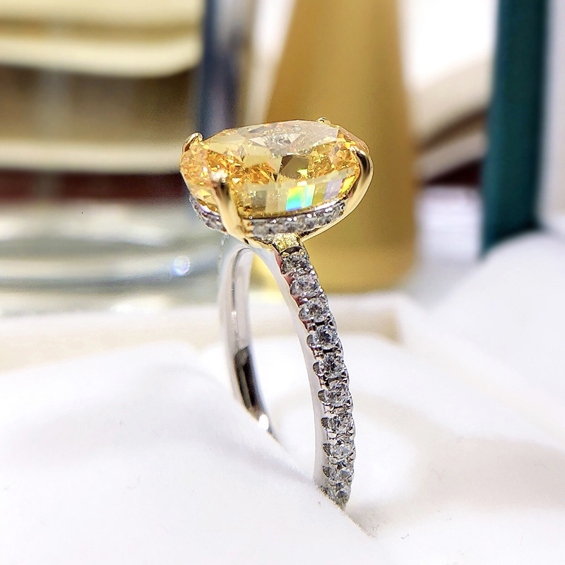 Wedding Rings Luomansi 8*12MM Yellow High Carbon Diamond Silver Ring 100%-S925 Silver Jewelry Wedding Party Woman Gift 230718