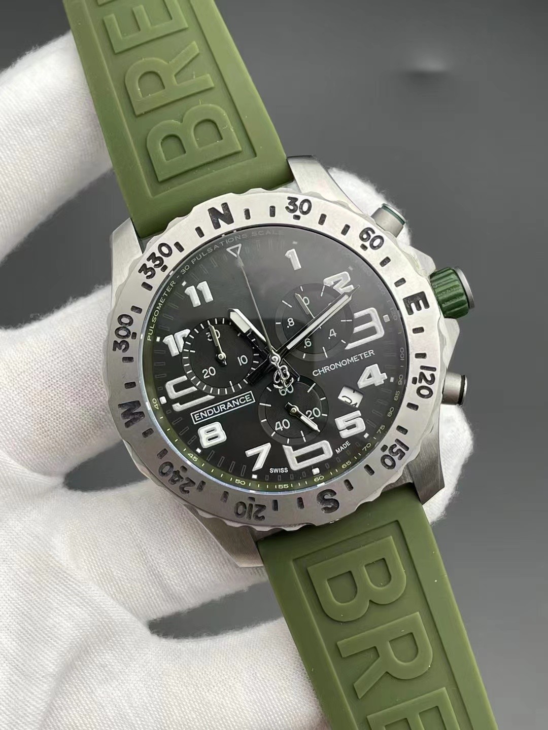new arrivals Male watch quartz stopwatch Stainless steel watches black dial Green Rubber band man chronograph wristwatch 48mm Rubber Strap 266-5