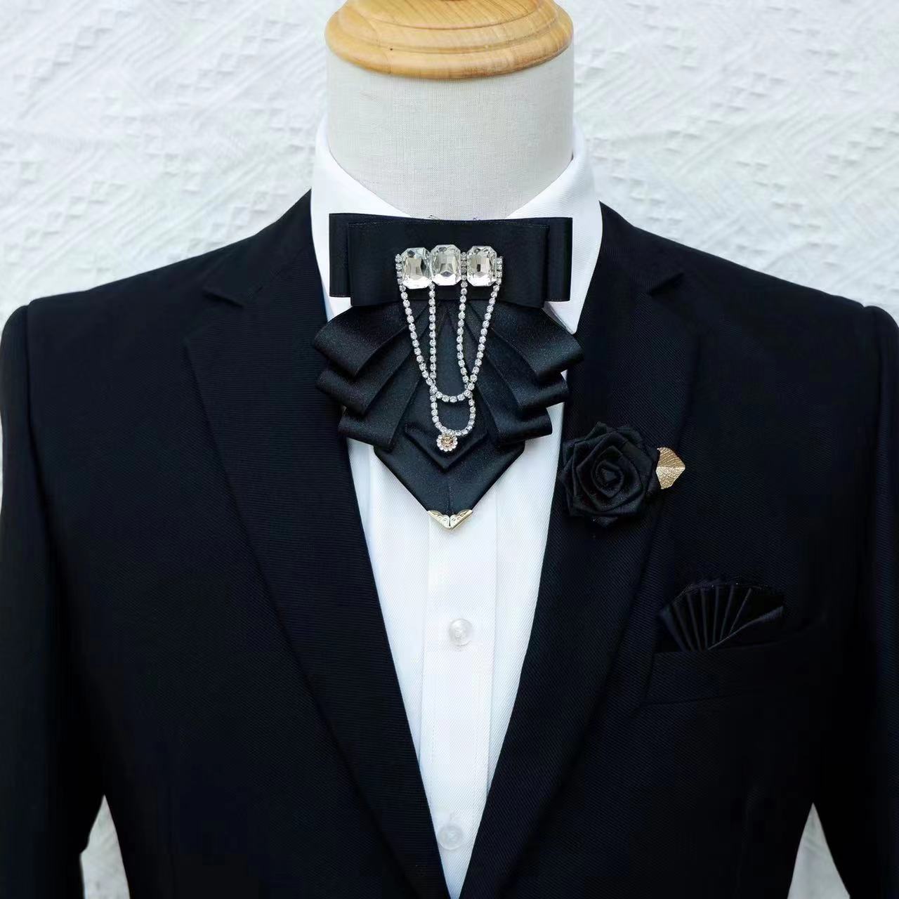 Bow Ties Original White Fringed Tie Brooch Set Men''s British Korean Business Dress Wedding Bowtie Pocket Towel Pin 230718