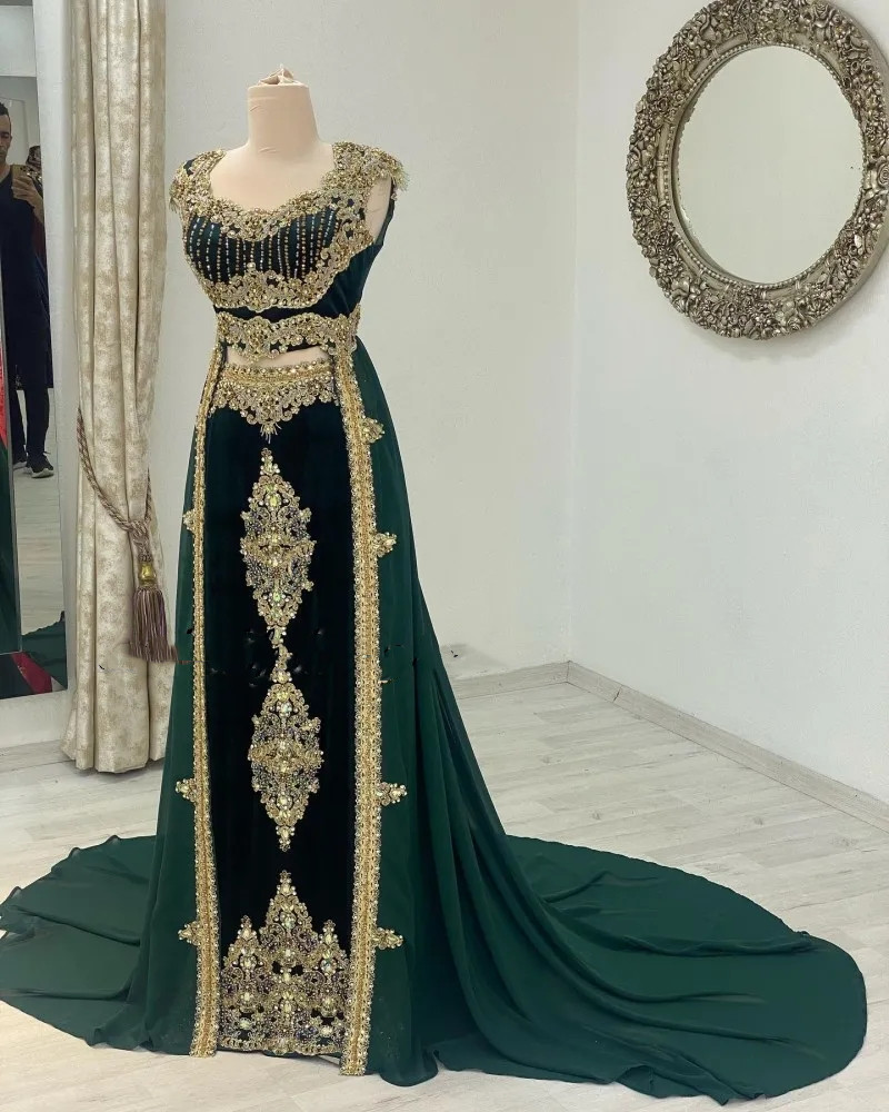 Formal Caftan Dark Green Evening Dresses With Cloak Lace Applique Beading Kaftan A-E Prom Dress Arabic Women Party Gowns 322 6660310