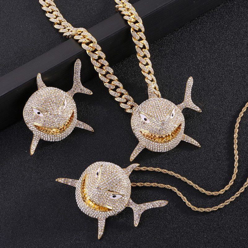 Pendant Necklaces Hip Hop 6IX9INE Shark Pendant Necklace For Men Women Icy Jewelry With Iced Out Crystal Miami Cuban Chain Choker Fashion Jewelry 2307