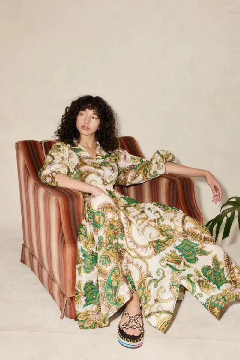 Casual Dresses Stylish Green Flower Printed Dress With Turn Down Collar And Waistband In Ramie Fabric