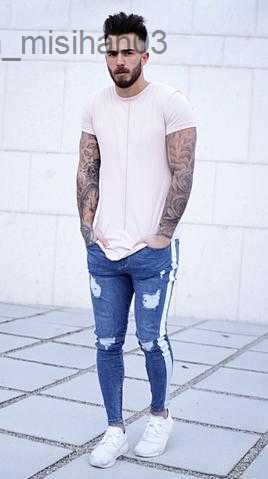Men's Jeans Fashion-Ripped Jeans Leg Zipper Striped Biker Denim Pencil Pants Male Fit Long Trousers Pants Slim Distressed Streetwear Jeans Mens P