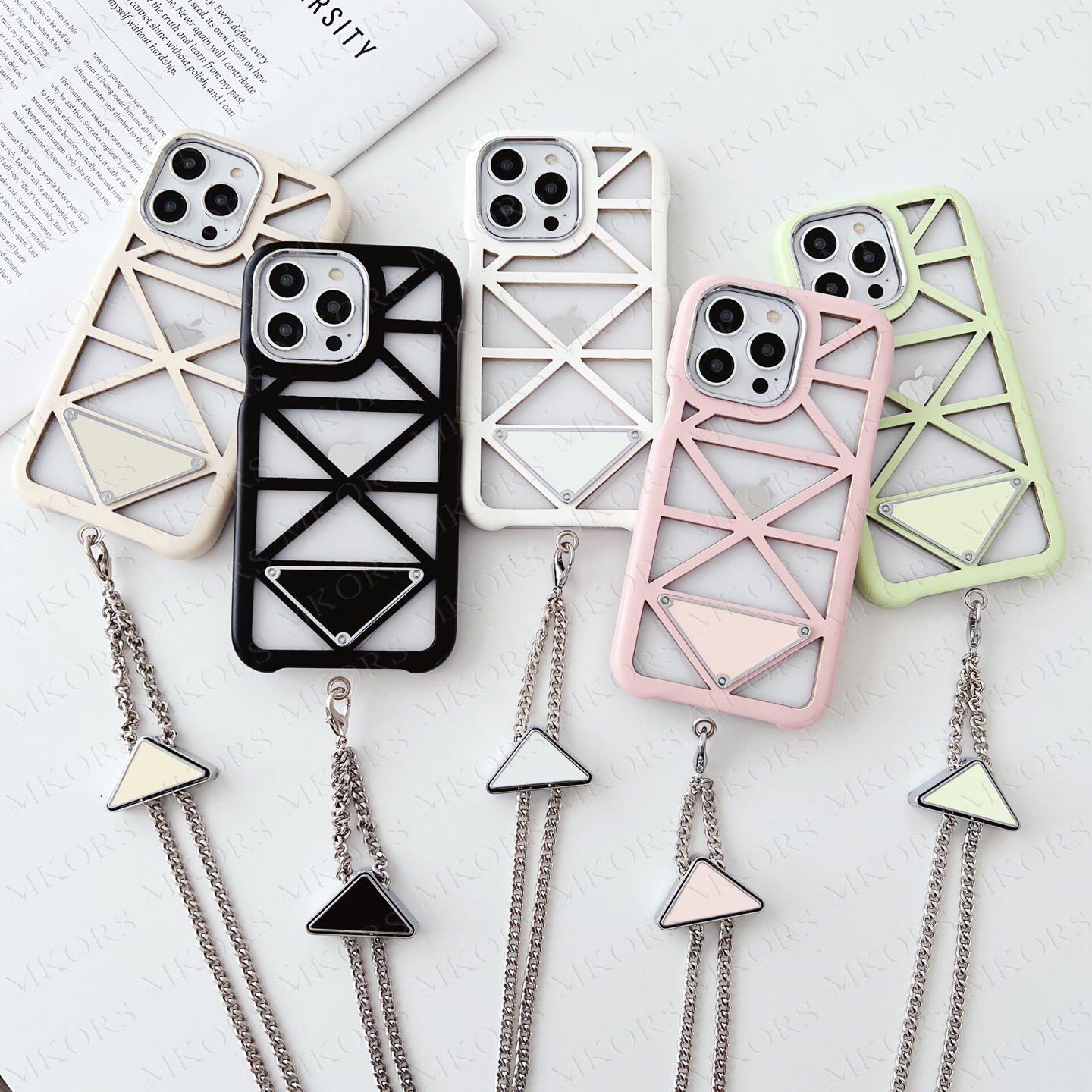 Classic Triangle Designer Phone Case for iPhone 14 13 12 Pro Max Summber Cooling Hollowed Back Fashion Shockproof Cover with Neck Shoulder Portable Ch