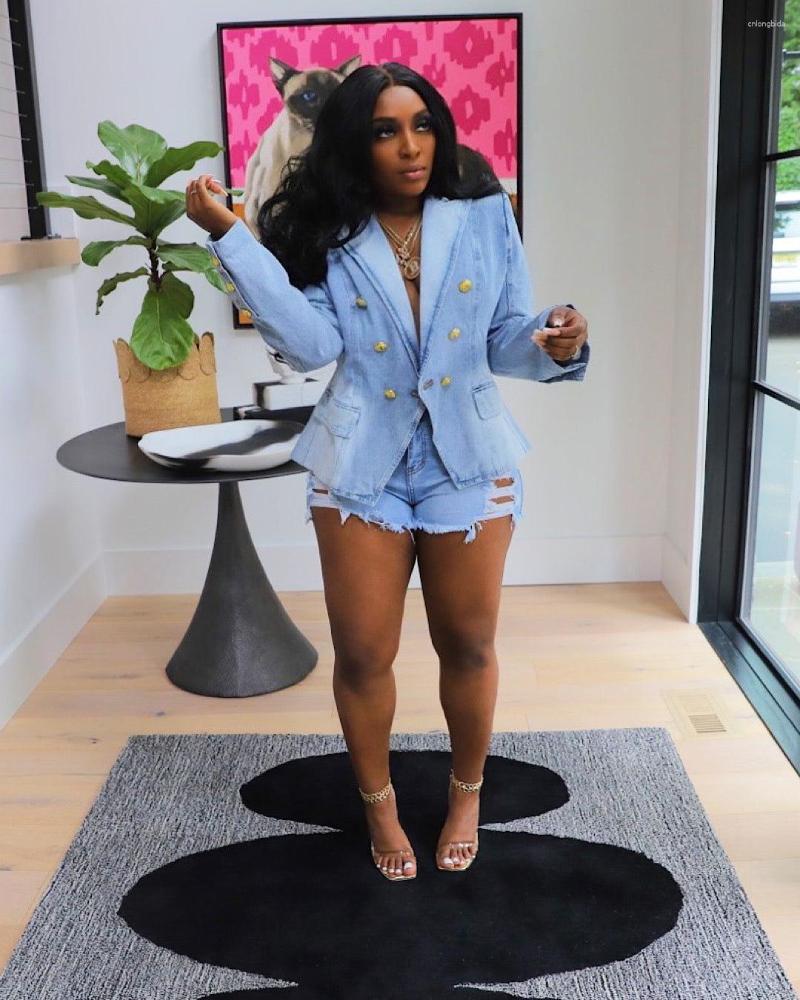 Women's Blue Denim Blazer Jacket - Elegant Streetwear, Double Breasted, Long Sleeve, Polyester, Summer 2024