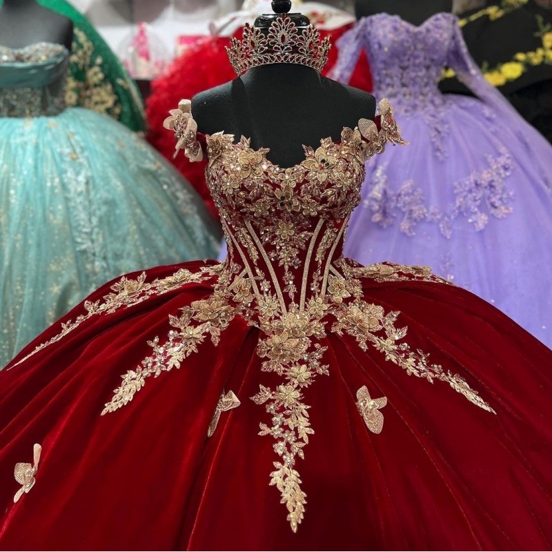 Red Sexy V-neck Princess Quinceanera Dresses Ball Gown Off The Shoulder Gold Appliques Bow Corset Sweet 15 Vestidos De XV Anos