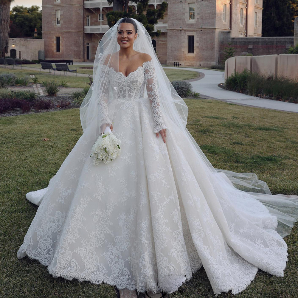 Junoesque Lace Ball Gown Wedding Dresses Off the Shoulder Beaded Bridal Dress Long Sleeve Pleat Princess Bride Gowns
