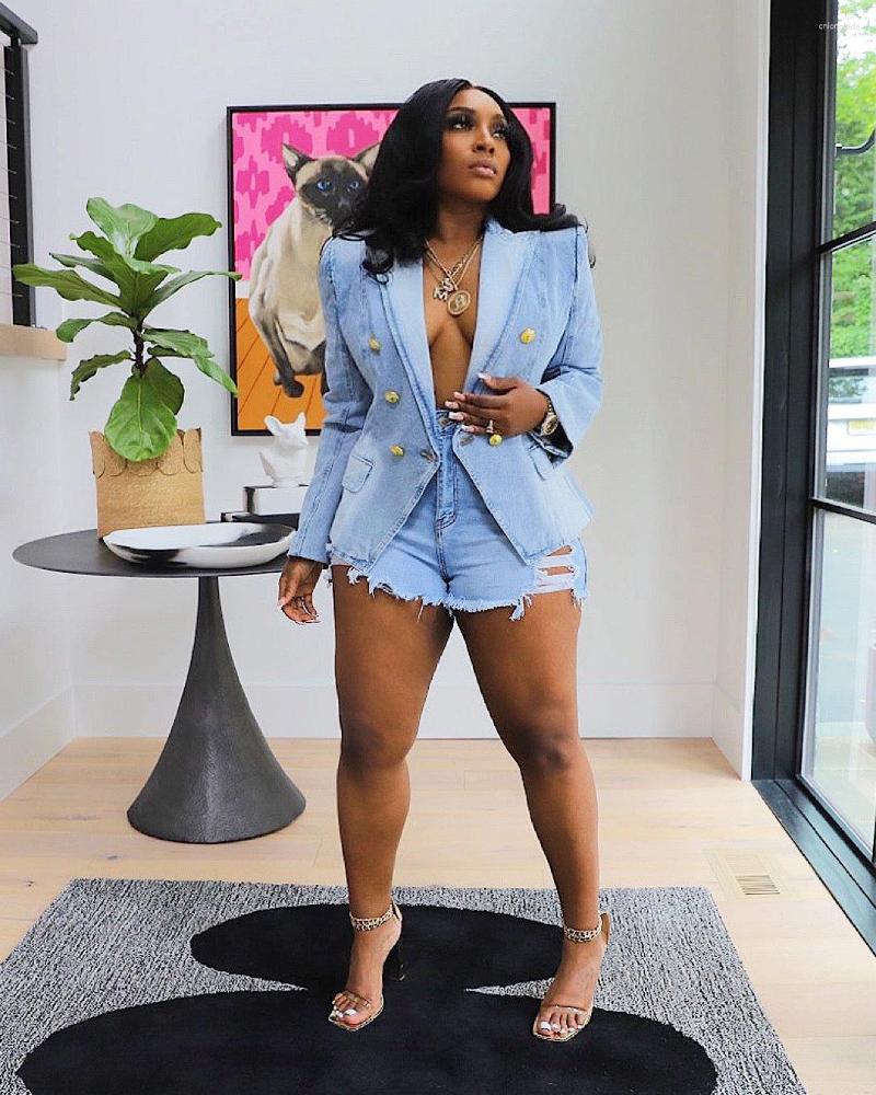 Women's Blue Denim Blazer Jacket - Elegant Streetwear, Double Breasted, Long Sleeve, Polyester, Summer 2024