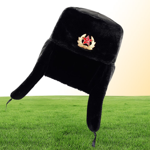 Soviet Army Military Badge Russia Ushanka Bomber Hats Pilot Trapper Hat Winter Faux Rait Fur Earflap Men Snow Caps1868955