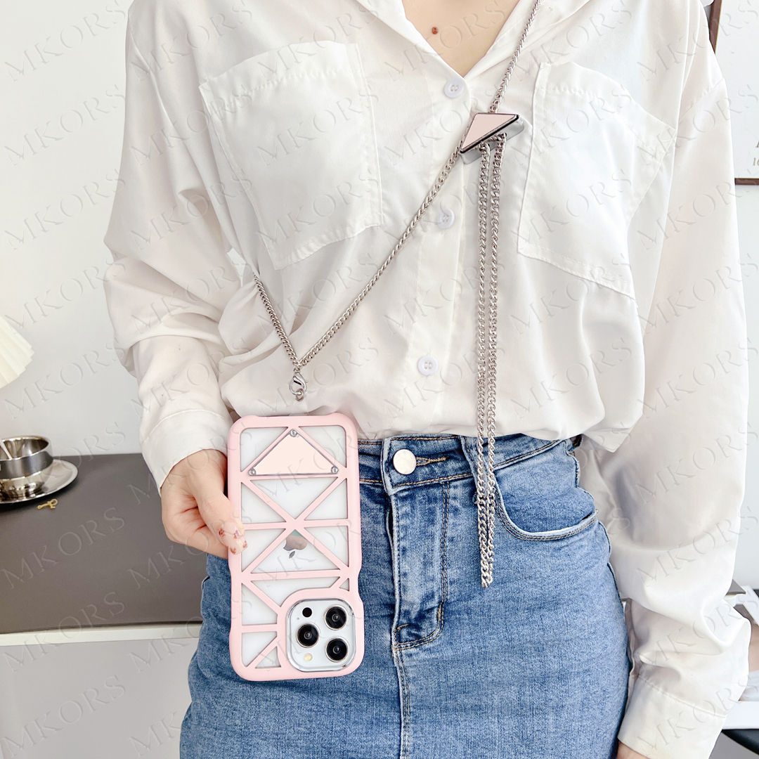 Classic Triangle Designer Phone Case for iPhone 14 13 12 Pro Max Summber Cooling Hollowed Back Fashion Shockproof Cover with Neck Shoulder Portable Ch