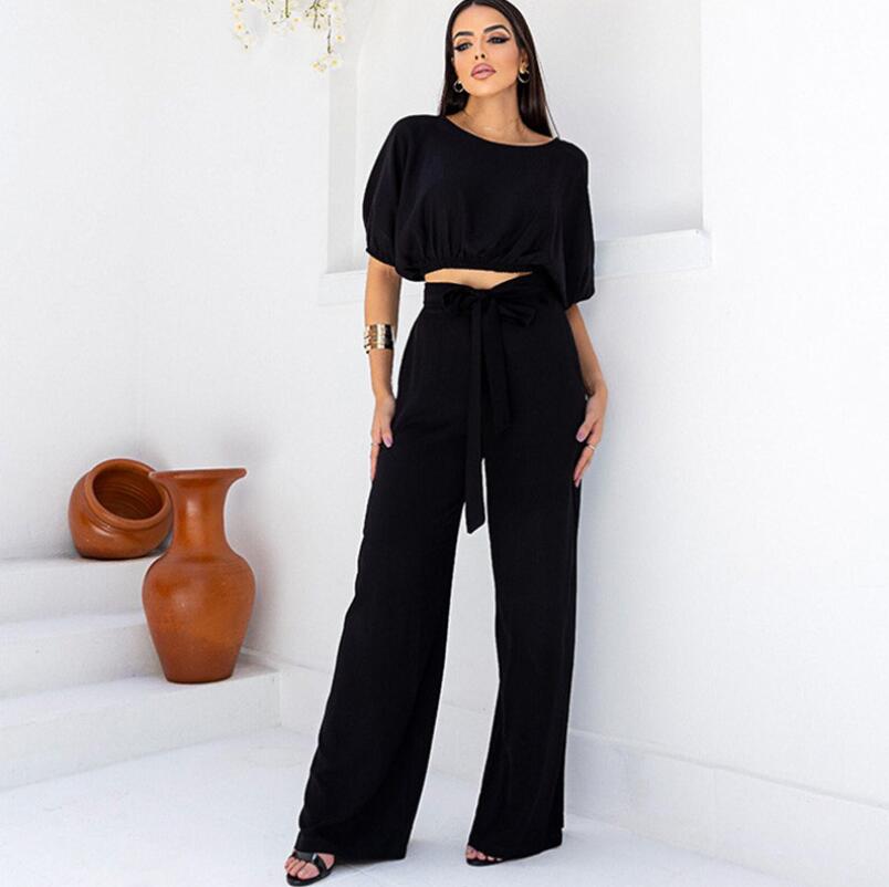 Women's Set 2023 Fashion Casual Women's Set Round Neck Short Sleeve Top Lace up High Waist Pants Women's Two Piece Set