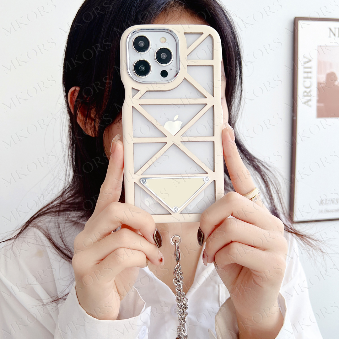 Classic Triangle Designer Phone Case for iPhone 14 13 12 Pro Max Summber Cooling Hollowed Back Fashion Shockproof Cover with Neck Shoulder Portable Ch