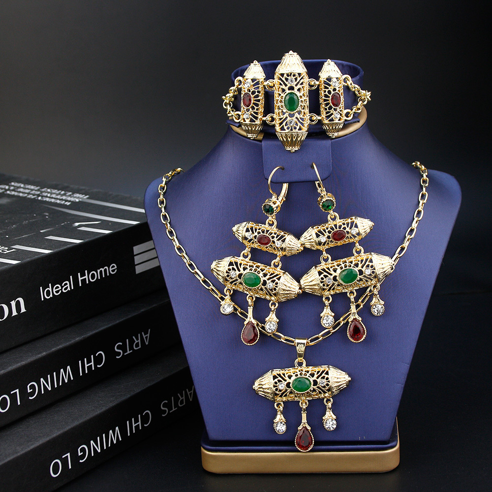 Wedding Jewelry Sets Sunspicems Ethnic-Style Morocco Jewelry Sets Gold Color Women Drop Earring Charm Bracelet Necklace Arabic Bride Wedding Jewelry 2