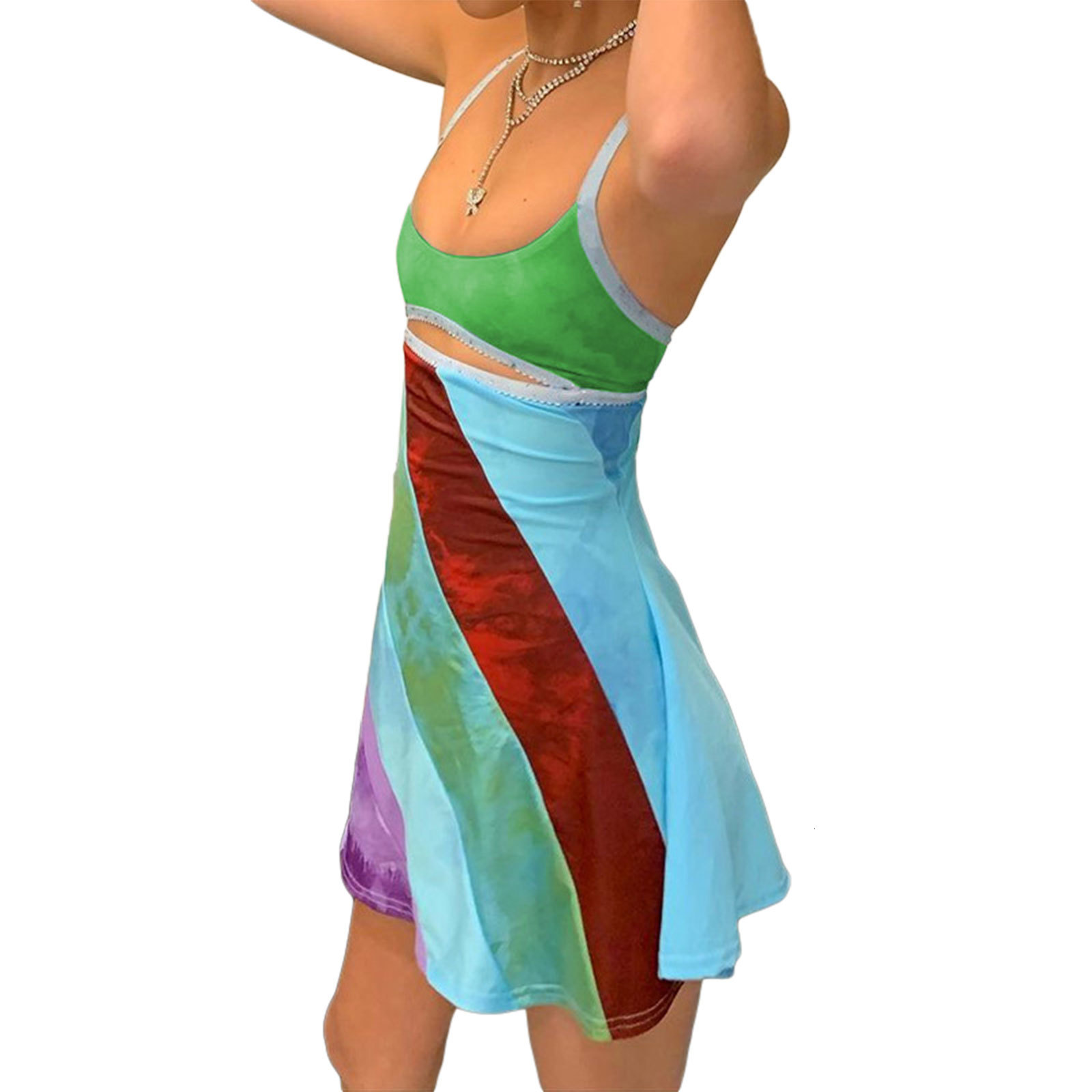 Basic Casual Dresse Retro Hollow Out Contrast Printed Backless Translucent Tight Y2K Fit Mini Sling Bandana Slim Strap Dress 230718