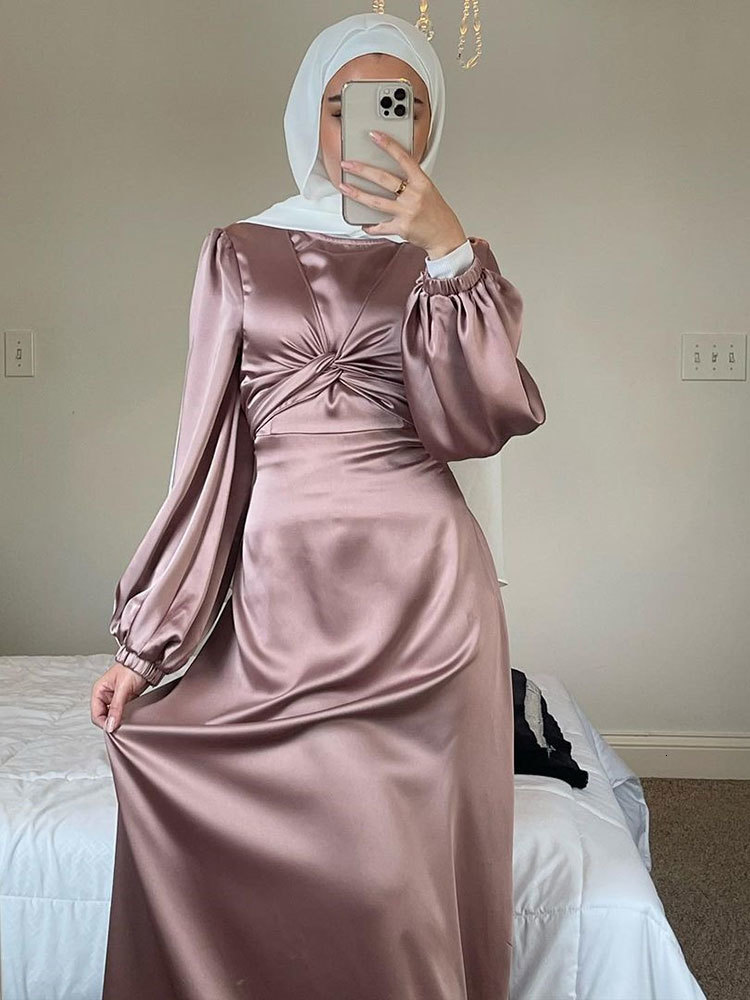 Ethnic Clothing Eid Satin Abaya Muslim Long Dres Elegant Wrap Front Belted Hijab Modest Dresses Party Arabic Islam Turkey Abayas Ramadan 230718