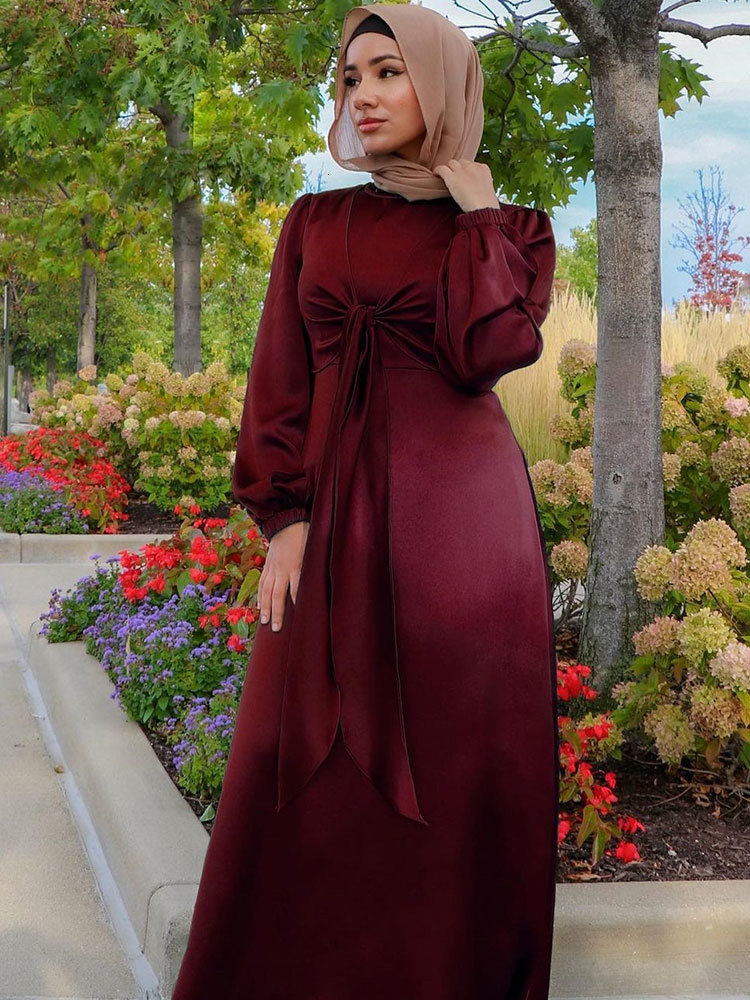 Ethnic Clothing Eid Satin Abaya Muslim Long Dres Elegant Wrap Front Belted Hijab Modest Dresses Party Arabic Islam Turkey Abayas Ramadan 230718