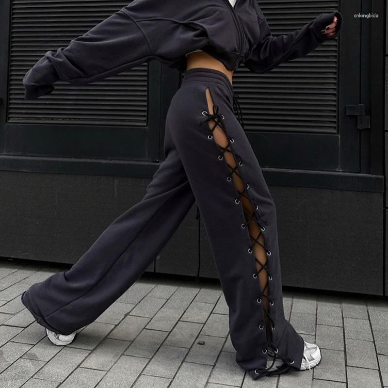 Women's Pants Hollow Out Bandage Sweatpants Solid High Waist Side Split Loose Straight Trouser Female Casual Tie Drawstring Pant