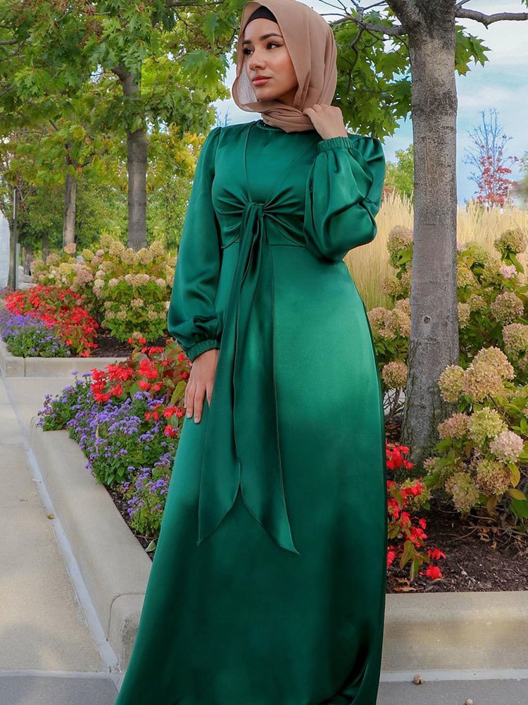 Ethnic Clothing Eid Satin Abaya Muslim Long Dres Elegant Wrap Front Belted Hijab Modest Dresses Party Arabic Islam Turkey Abayas Ramadan 230718