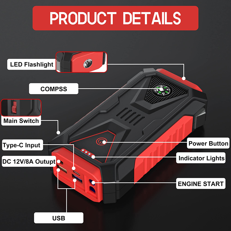 Portable Car Battery Charger Jump Starter 28000mAh Power Bank Smart Safety Hammer LED Light for Auto Truck Motorcycle