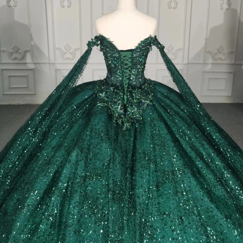 Emerald Green Off The Shoulder Quinceanera Dress Applique Lace Beading With Cape Ball Gown Vestidos De XV Anos