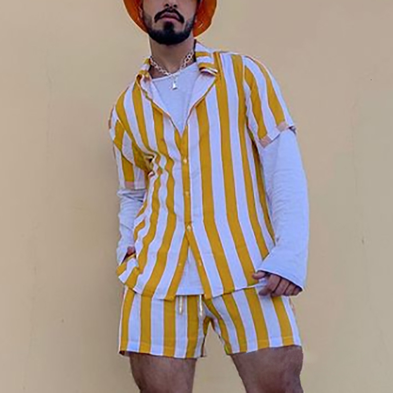 Mens Tracksuits Stripe Printed Hawaiian Set Button Short Sleeve Shirt and Beach Shorts Casual Street 2Piece S3XL Summer 230718