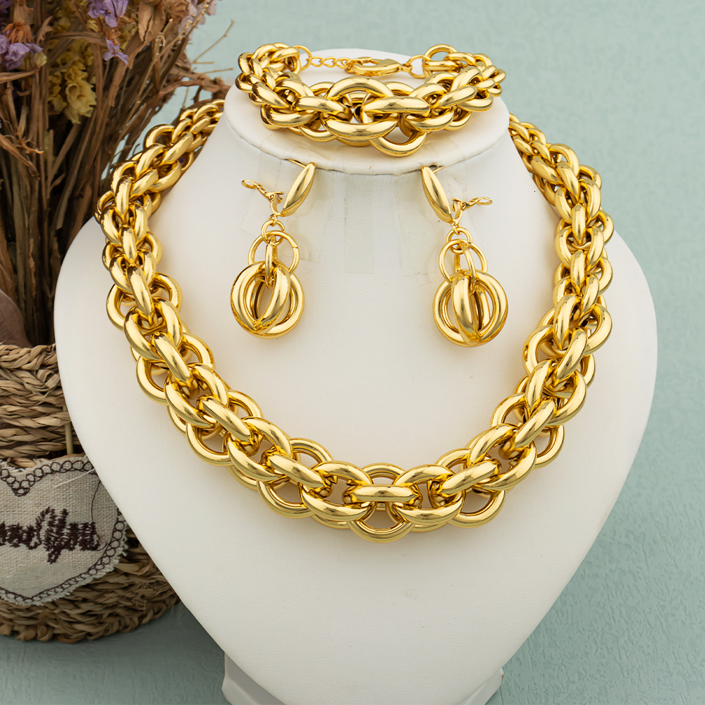 Wedding Jewelry Sets Dubai Jewelry Set for Women Fashion Gold Color Round Necklace Collor Earrings Bracelet Ring Jewelry Bride Weddings Party Gifts 23