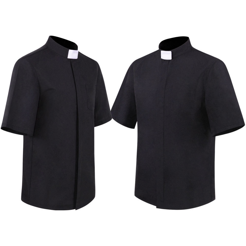 Men's Casual Shirts Priest Collar Shirt Men Clergy Standup Catholic Church Minister Preacher Summer Short Sleeve Tops Roman Blouse S5XL 230718