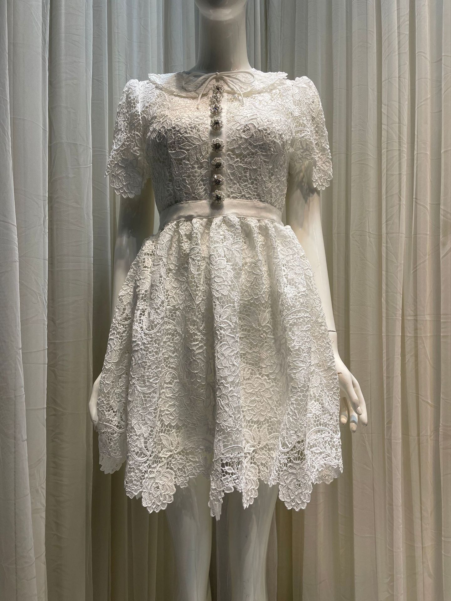 New S-elf Portrait White Lace Mini Dress Collected Short Sleeve Dress for Women