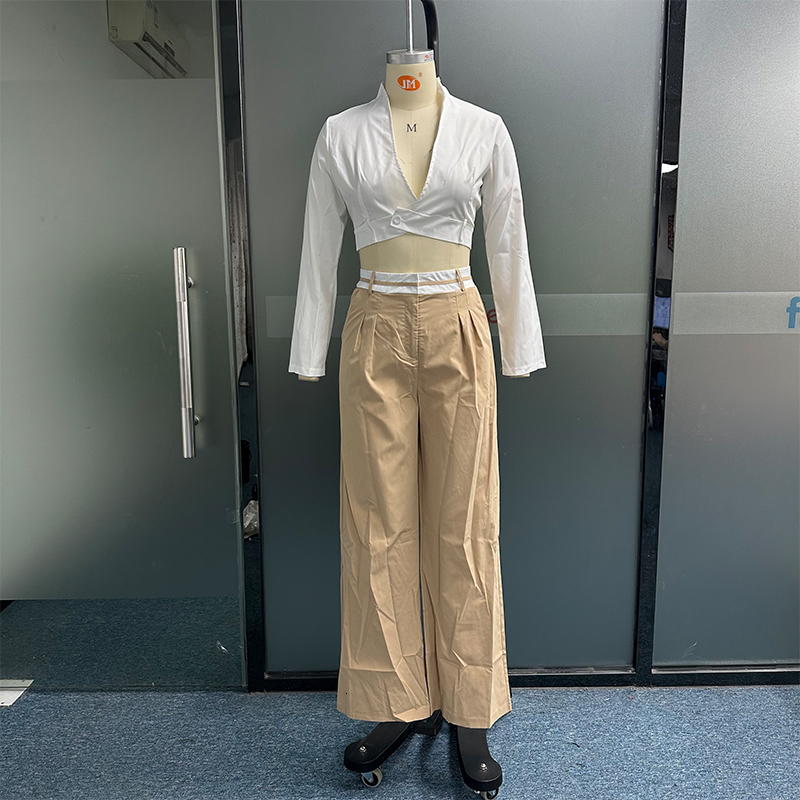 Women s Two Piece Pants Waytobele Women Set Fashion Solid Long Sleeve Lapel V Neck High Single Button Short Top Loose With Pockets Sets 230718