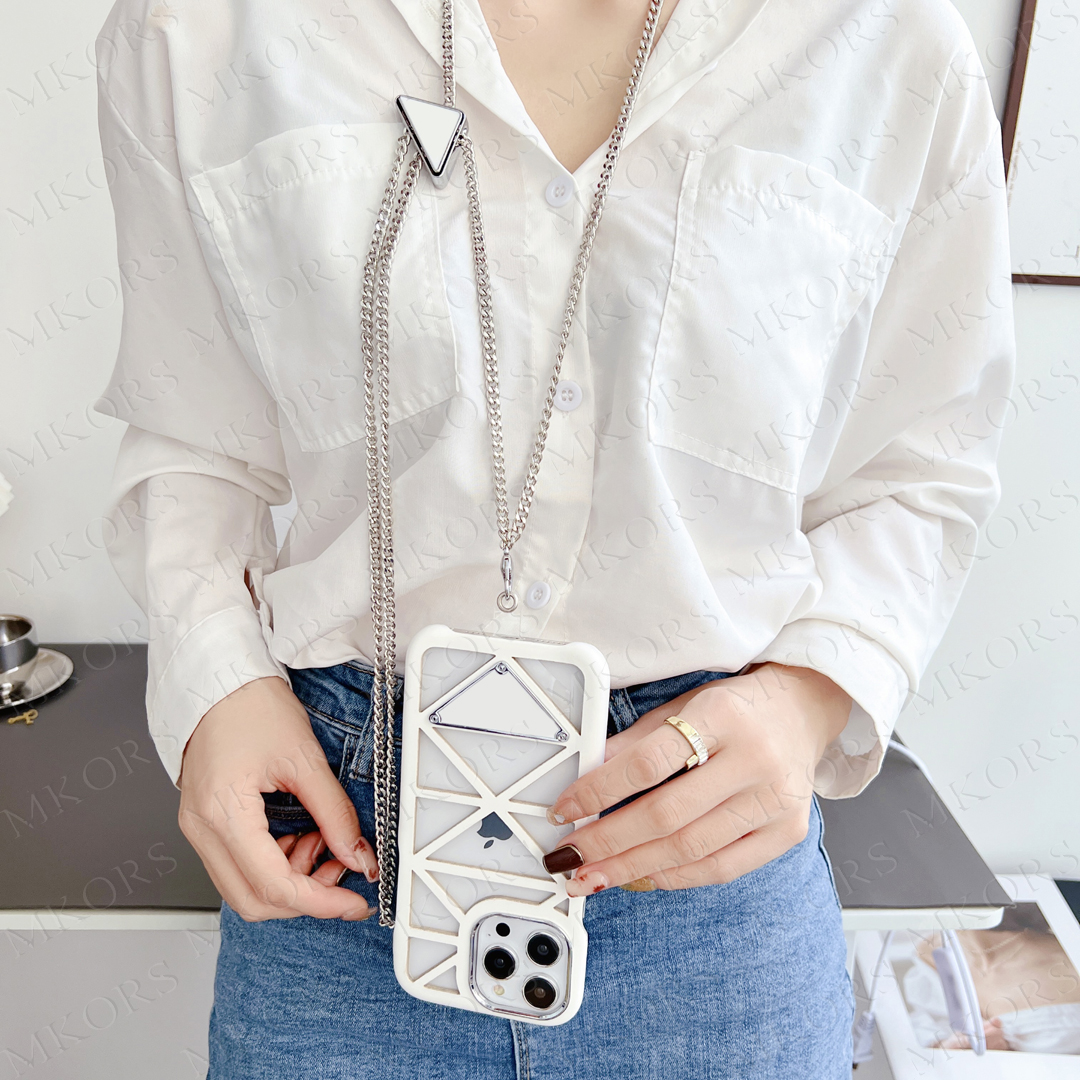 Classic Triangle Designer Phone Case for iPhone 14 13 12 Pro Max Summber Cooling Hollowed Back Fashion Shockproof Cover with Neck Shoulder Portable Ch