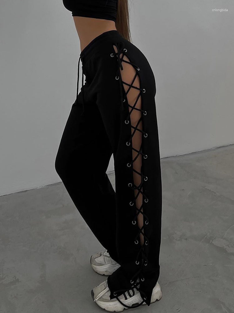 Women's Pants Hollow Out Bandage Sweatpants Solid High Waist Side Split Loose Straight Trouser Female Casual Tie Drawstring Pant