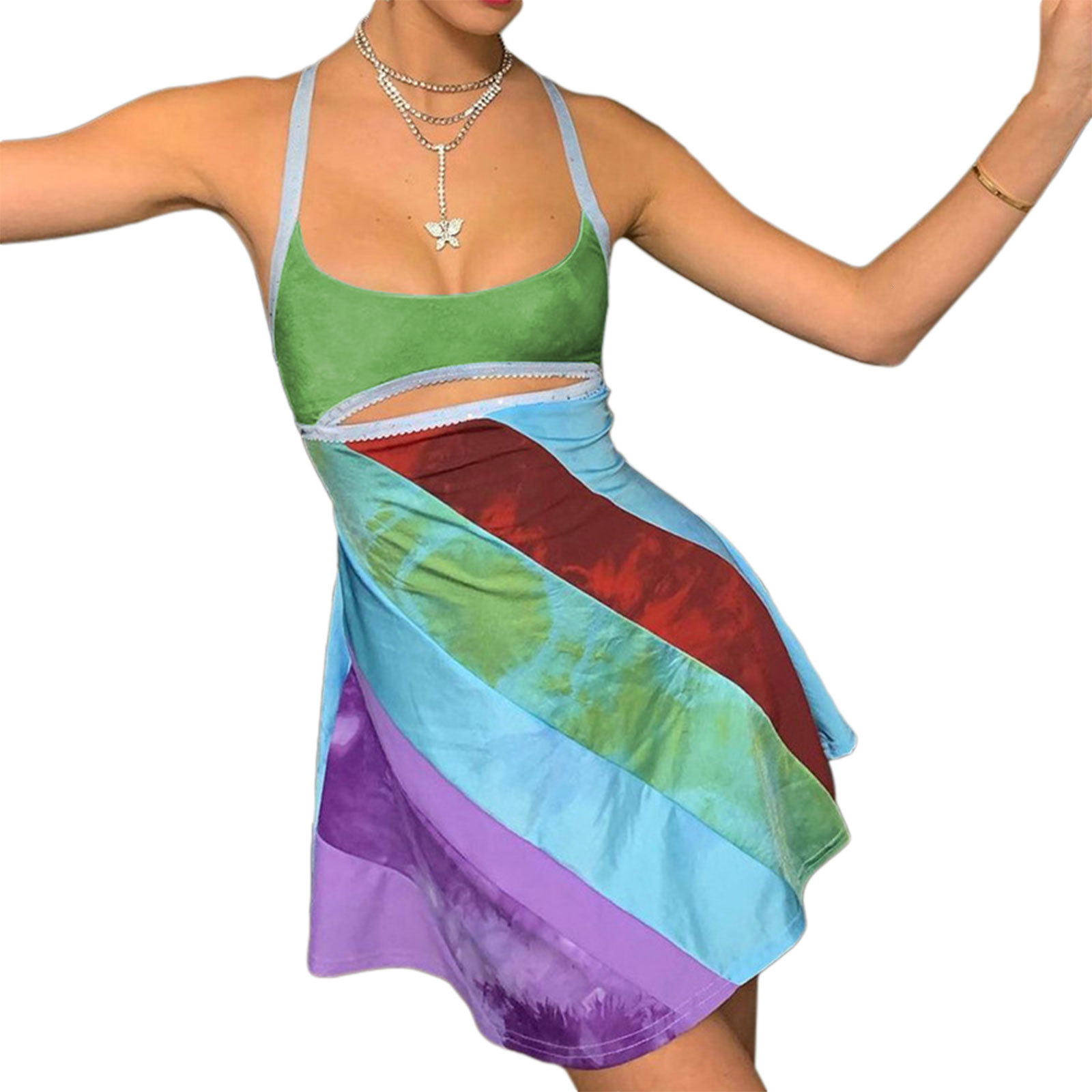 Basic Casual Dresse Retro Hollow Out Contrast Printed Backless Translucent Tight Y2K Fit Mini Sling Bandana Slim Strap Dress 230718