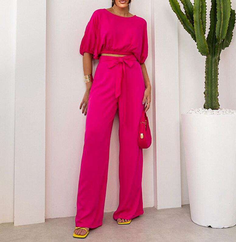 Women's Set 2023 Fashion Casual Women's Set Round Neck Short Sleeve Top Lace up High Waist Pants Women's Two Piece Set