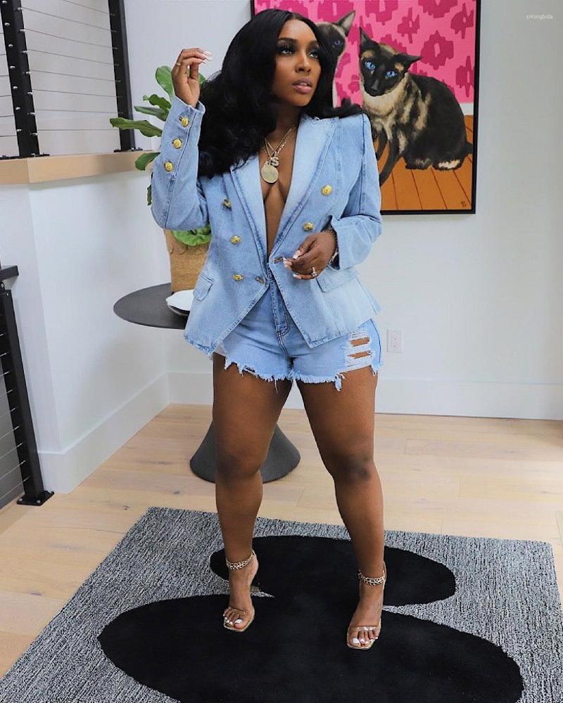 Women's Blue Denim Blazer Jacket - Elegant Streetwear, Double Breasted, Long Sleeve, Polyester, Summer 2024