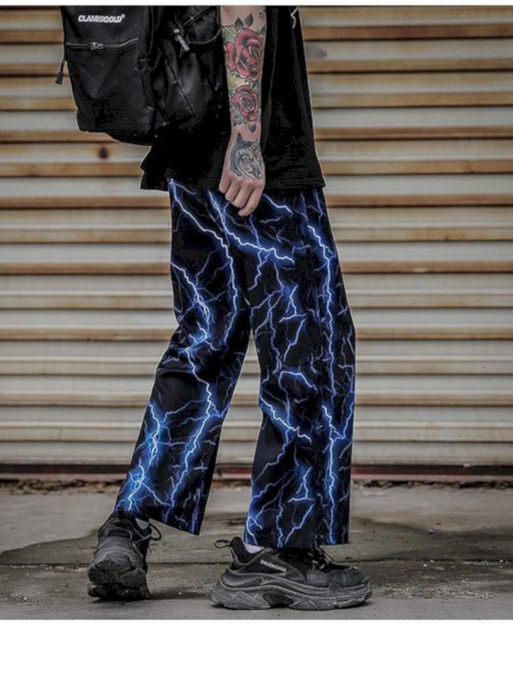 Men's Pants High Street Punk Lightning Print Straight Casual Men Loose Allmatch Dark Hiphop Pendant Anklelength Trousers 230720