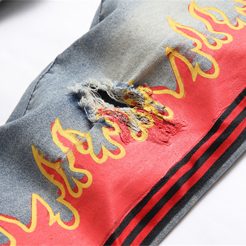 Mens Jeans Fall Punk Men Fashion Ripped Flame Print MidWaist Casual Slim Stretch Streetwear 230720
