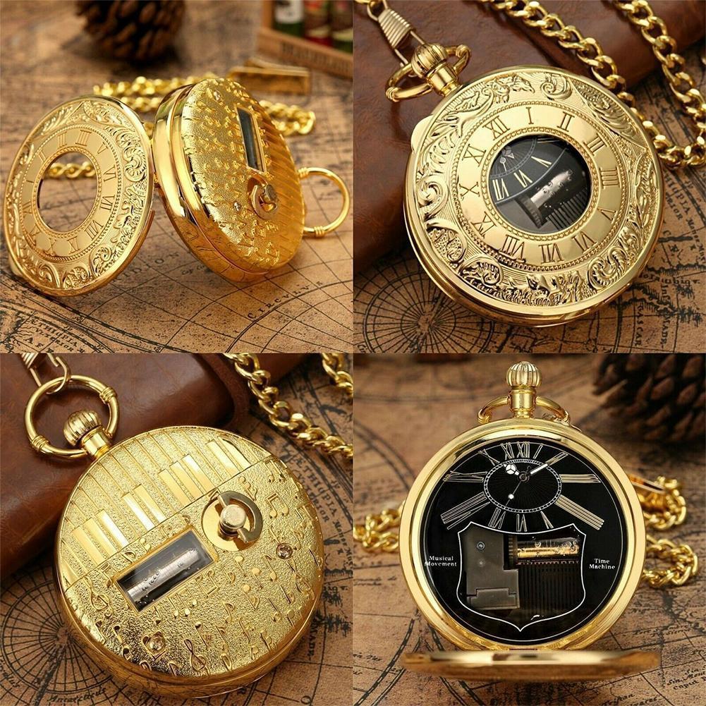 Pocket Watches Creative Silver Hand Crank Music Quartz Pocket Watch Fashion Swan Lake Musical Movement Fob Chain Year Gift For Men Women 230719