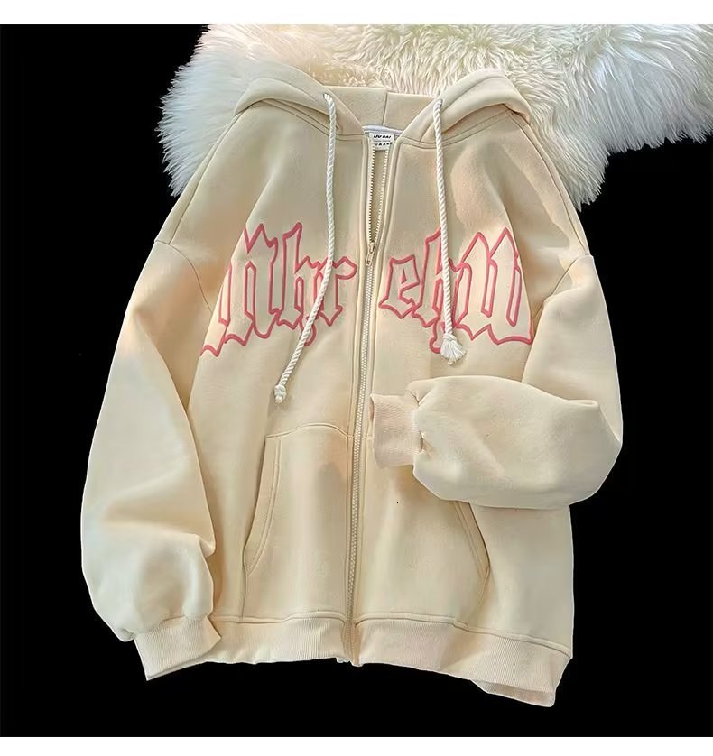 Women's Hoodies Sweatshirts Letter Embroidery Zip Up Hoodies Women Long Sleeve Loose Top Harajuku Gothic Big Size Hooded Sweatshirt Jacket Coats 