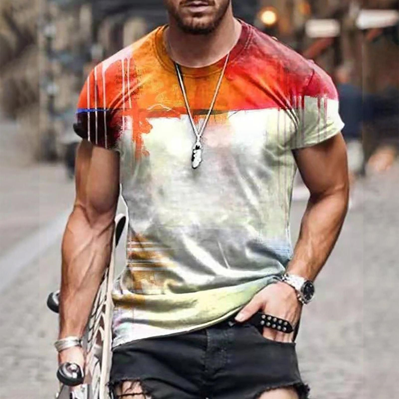Mens TShirts Retro Abstract Pattern Printed Tshirt Colorful Top Harajuku 3D Patch Work Casual Street Clothing Short Sleeve Daily Wear 230720