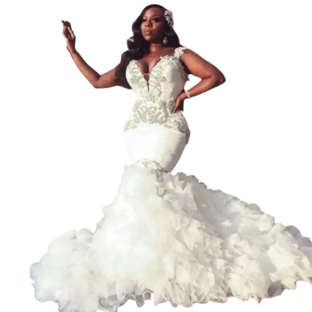 White Wedding Dresses Ivory Bridal Gowns Wedding Party Events Formal Mermaid Trumpet V-Neck Sleeveless Beaded Applique Tulle Lace Up Custom New Plus S