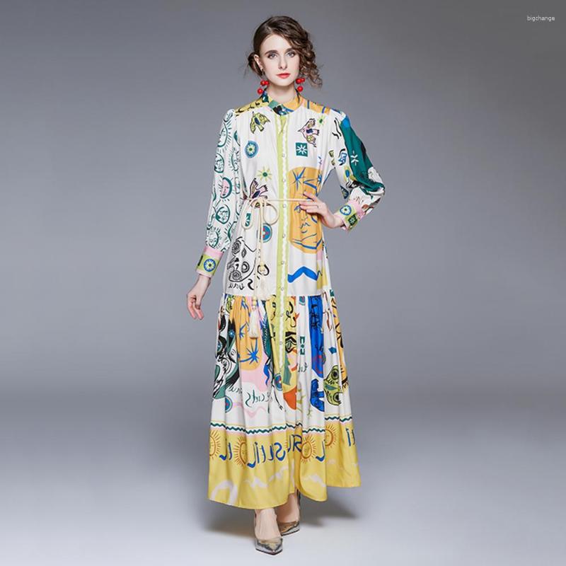 Casual Dresses Runway Designer Holiday Party Maxi Dress Women's Stand Collar Single Breasted Lantern Sleeve Sashes Long Robe Vestidos N1187