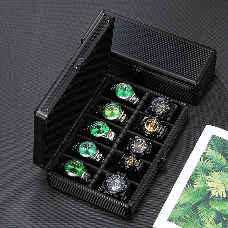 Watch Boxes Cases 510 grids Black Aluminum Alloy Watch Storage Box Suitcase Case Display Mobile Bulkhead Organizer Box for Men Soft Watch Pillow 23071