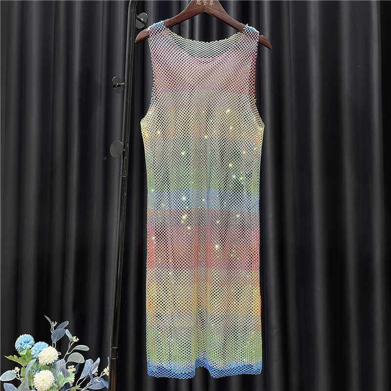 Basic Casual Dresses Bright Diamond Rainbow Y2K Vest Dress Hollow Color Rhinestones See-through Mesh Dress Women Neon Color Cllub Shift Dress 230719