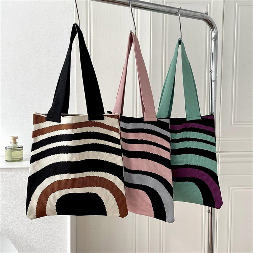 Evening Bags Large Capacity Knit Handbag Women Shoulder Bag Female Casual Simple Stripe Plaid Tote Student Reusable Canvas Shopping 230720