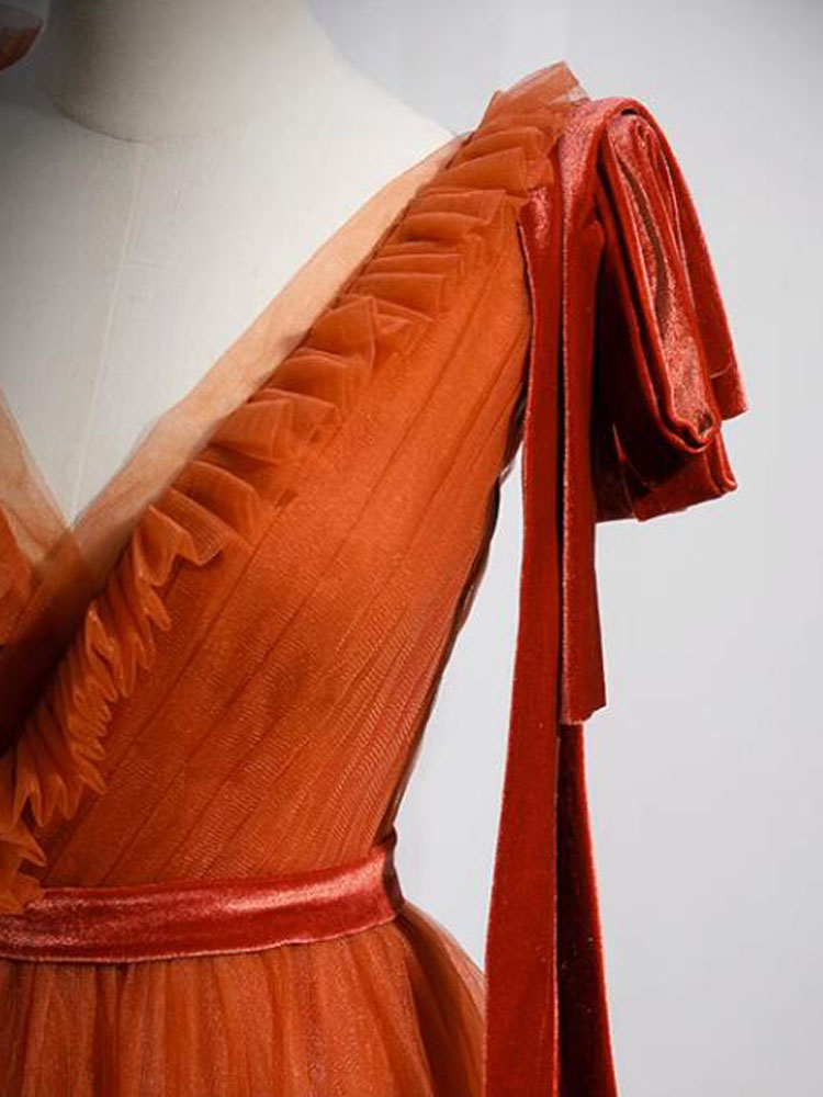 Elegant Orange Evening Dress V-Neck Soft Tulle with Velvet Long Prom Gowns
