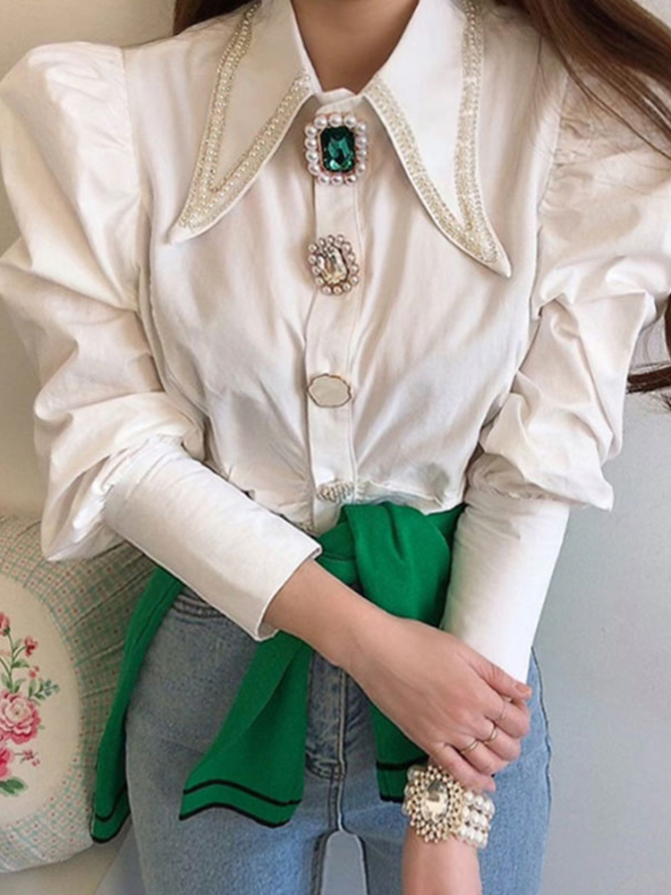 Women's Blouses Shirts Circyy Women Shirts French Vintage Blouse Spring Button Up Shirt Pointed Collar Long Puff Sleeve Pearl Button Slim White T